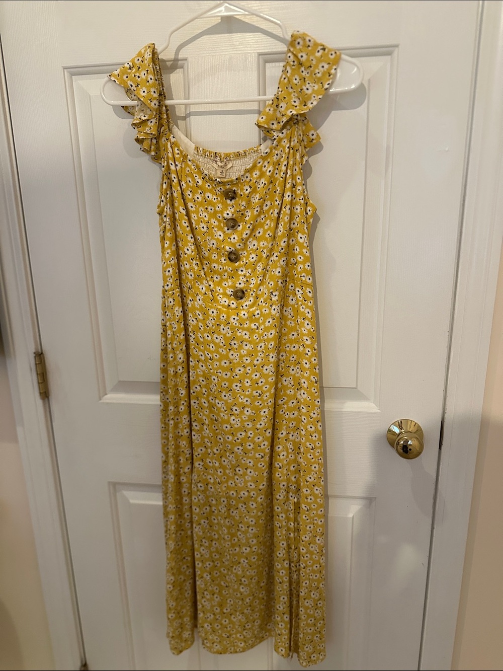 Yellow Floral Button-Front Maxi Dress with Ruffle Straps
